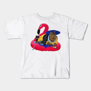 Capybara chilling on pink flamingo rubber ring Kids T-Shirt